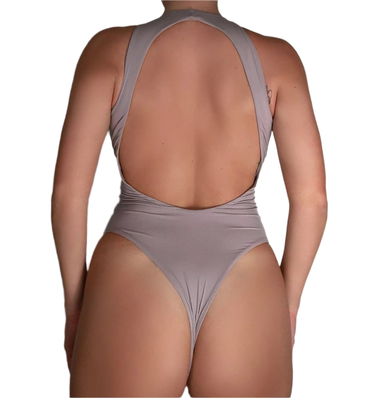 Flaxen high neck open back bodysuit, ultra-thin and buttery soft. Sculpting design, perfect basic staple for any outfit.