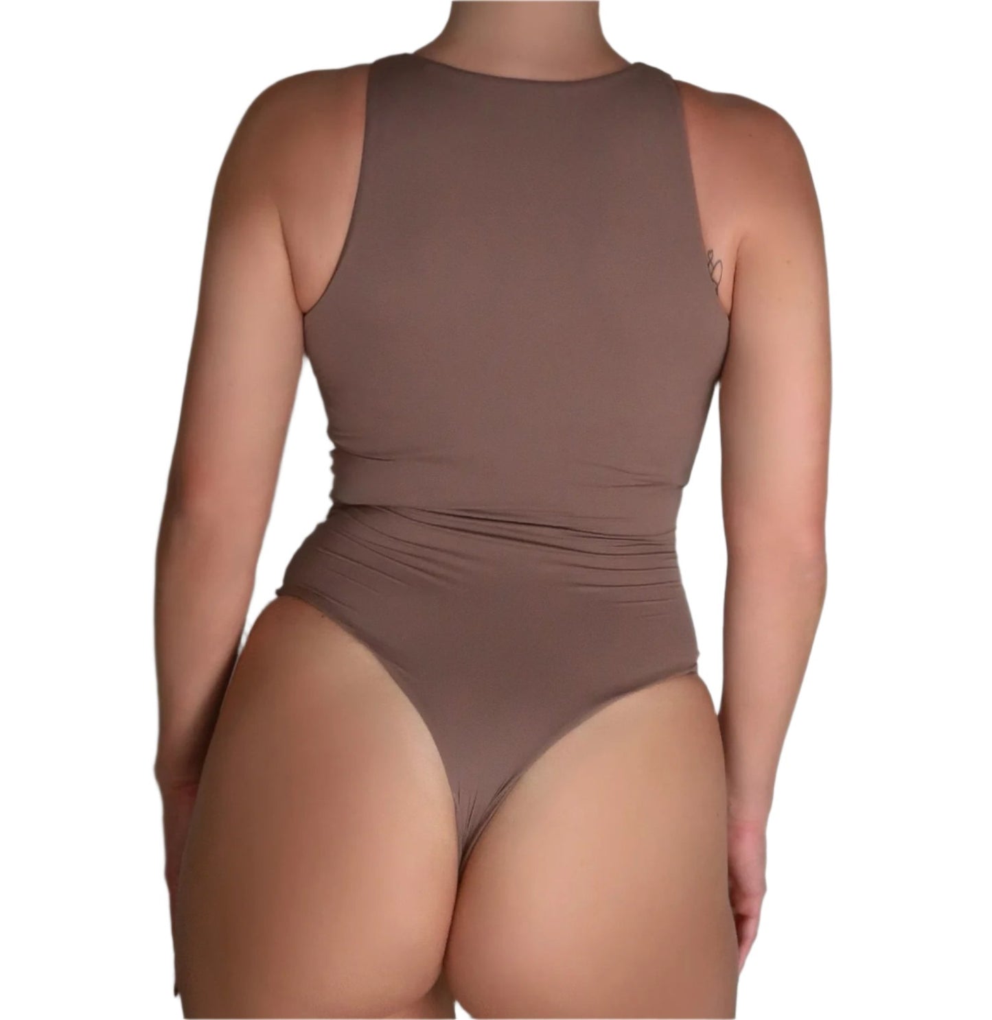 Khaki high round neck bodysuit, buttery soft and ultra-thin. Sculpting design makes it the perfect basic staple for any outfit.