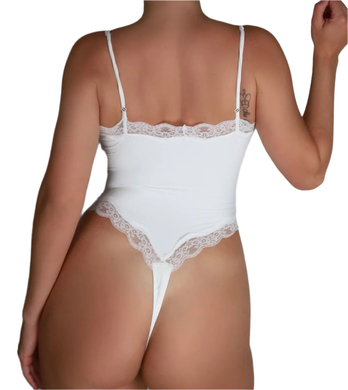 Buttery soft cami lace bodysuit in white, showcasing thin adjustable straps, high leg, and delicate lace trim