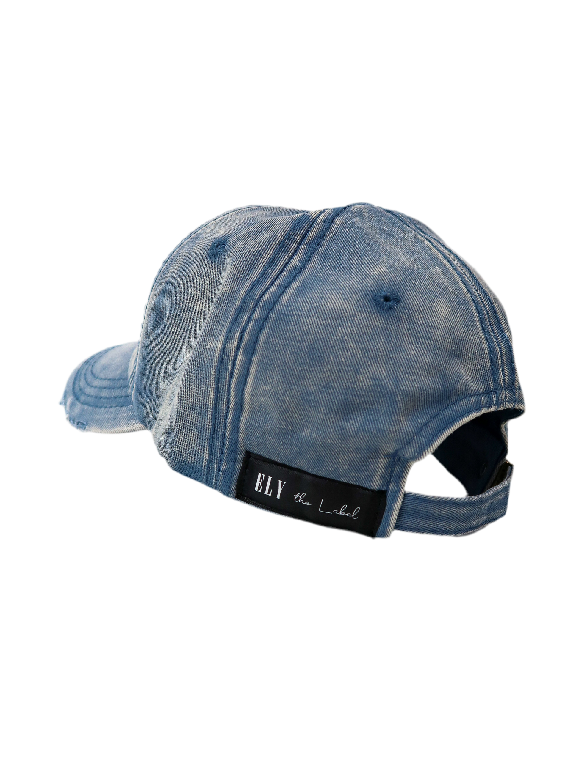 Sporty trendy chic hat in acid wash blue distressed denim