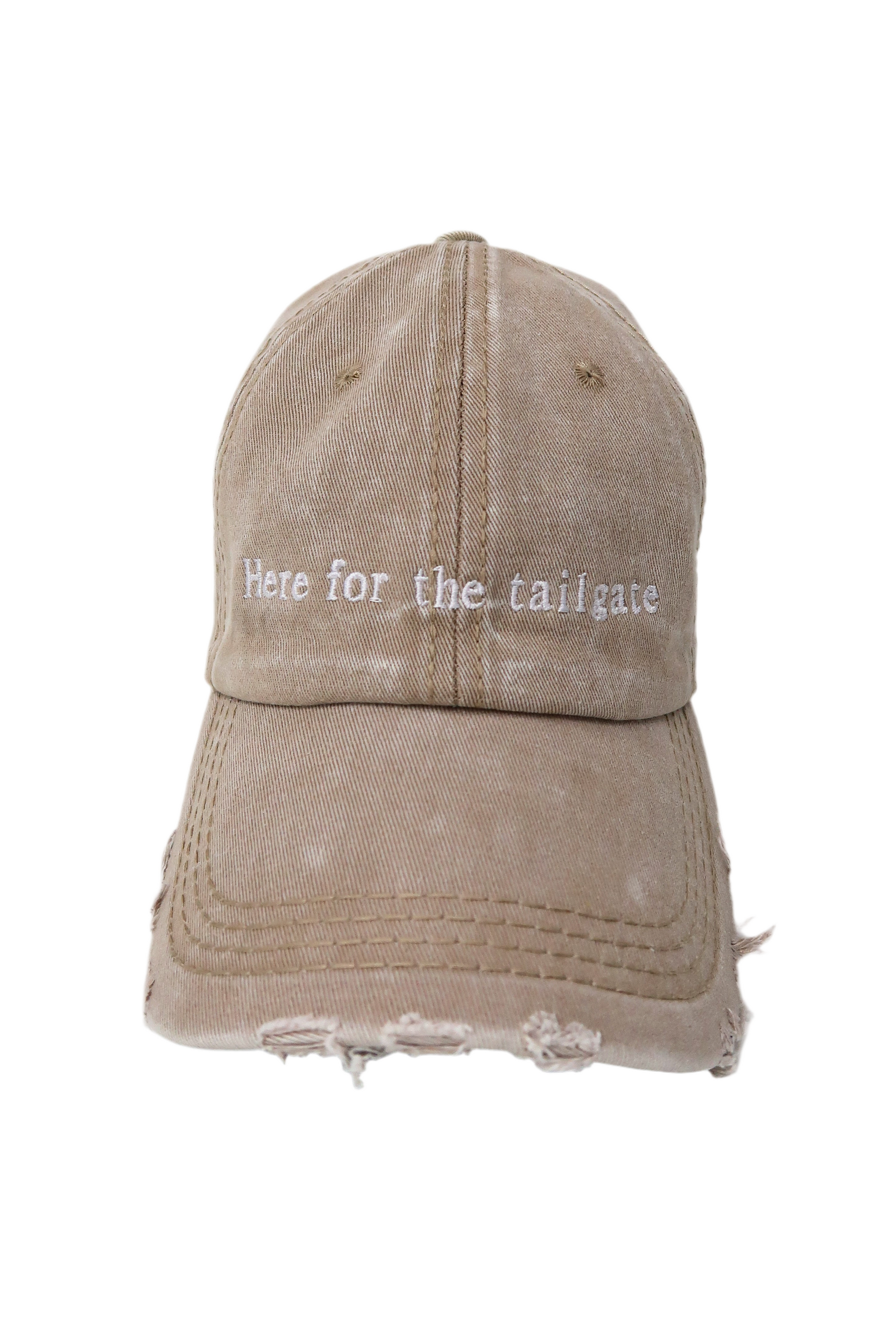 Sporty Here for the tailgate hat in acid wash beige distressed denim 