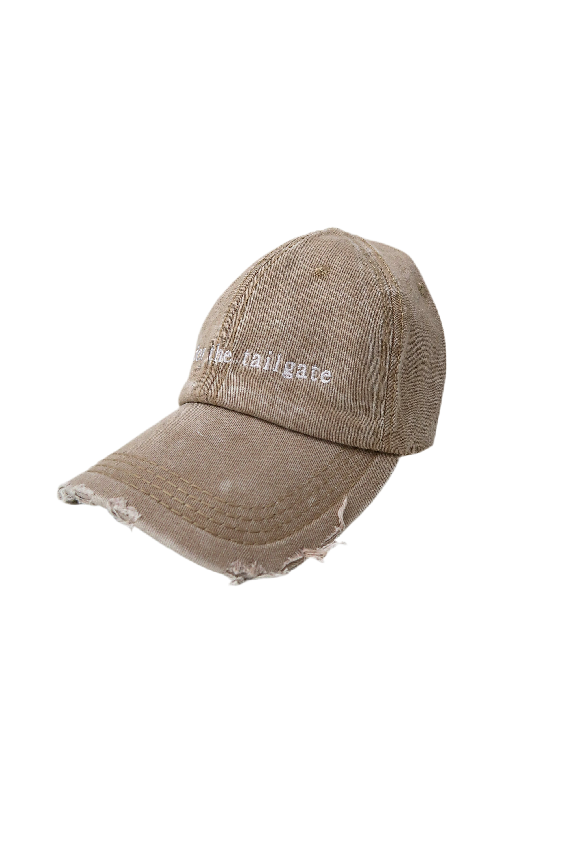 Sporty Here for the tailgate hat in acid wash beige distressed denim for football game