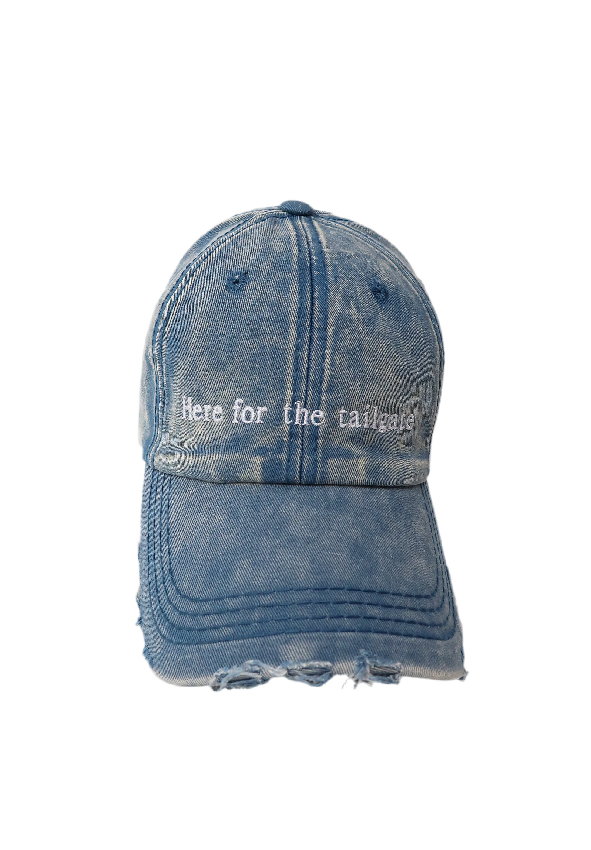 Sporty Here for the tailgate hat in acid wash blue distressed denim good for football game outfit