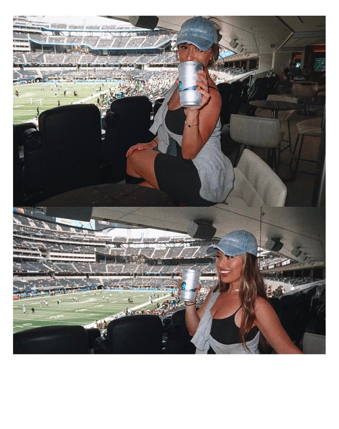model Eileen Hayman wearing Here for the Tailgate blue hat at football game